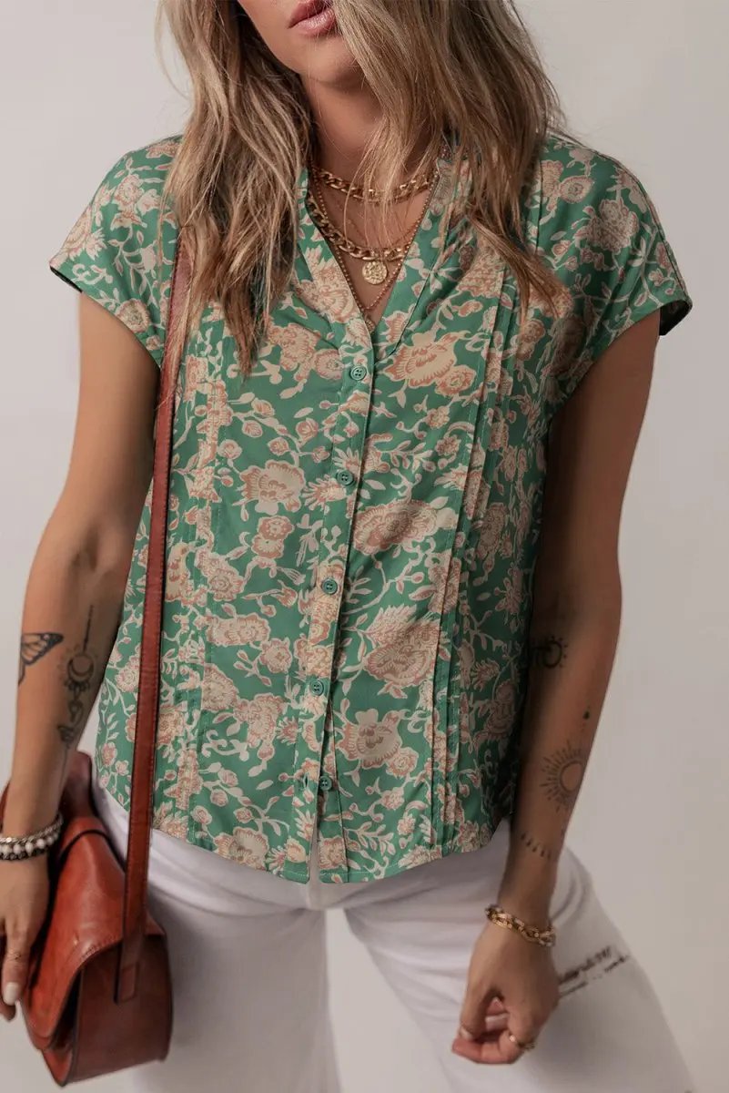 Green Floral Print Pleated Buttoned V Neck Short Sleeve Blouse - Love Salve